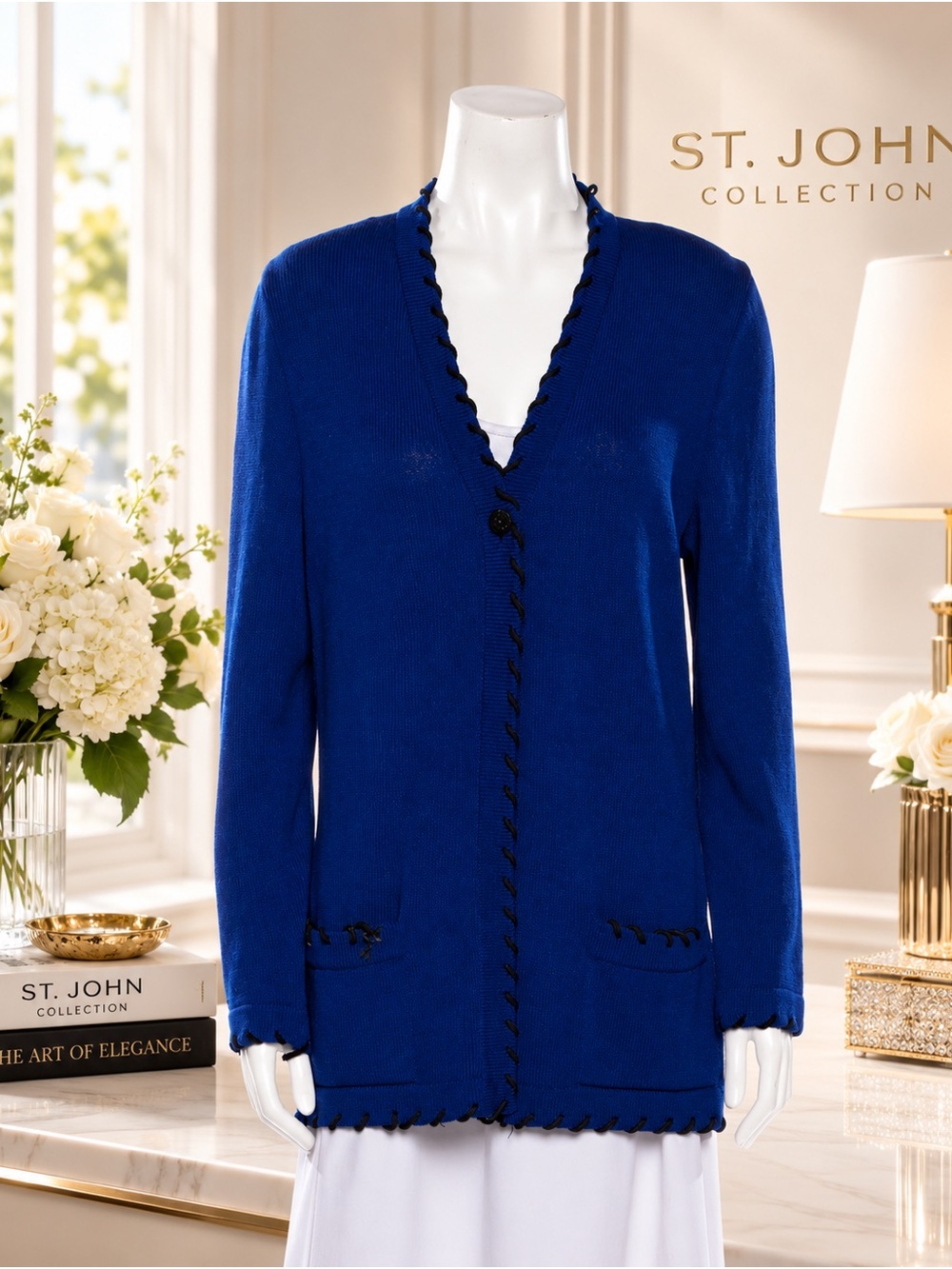 St. John Collection Cobalt Blue V-Neck Knit Cardigan with Black Trim